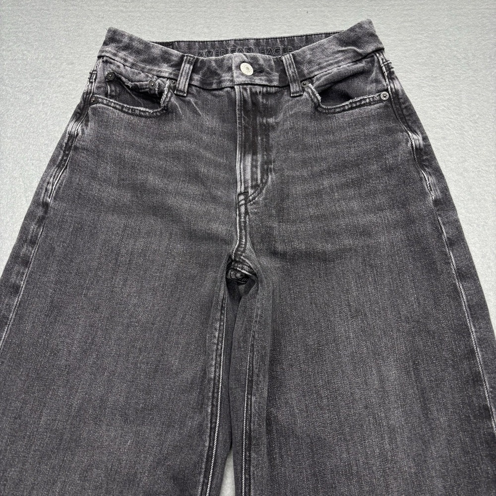American Eagle Jeans Womens 2 Curvy Baggy Wide Leg Super High Rise Black Denim - Picture 3 of 13